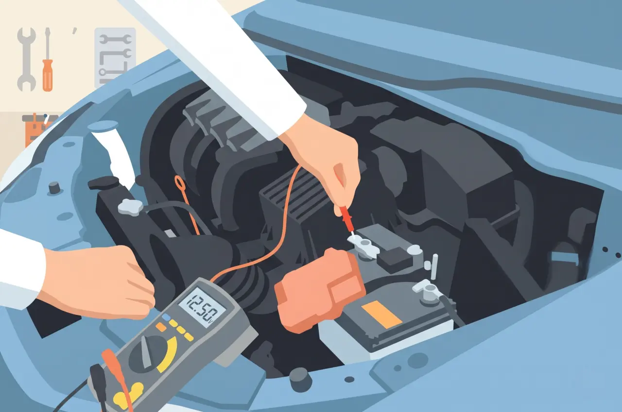 テスターを使用して車のバッテリー電圧を測定している手元